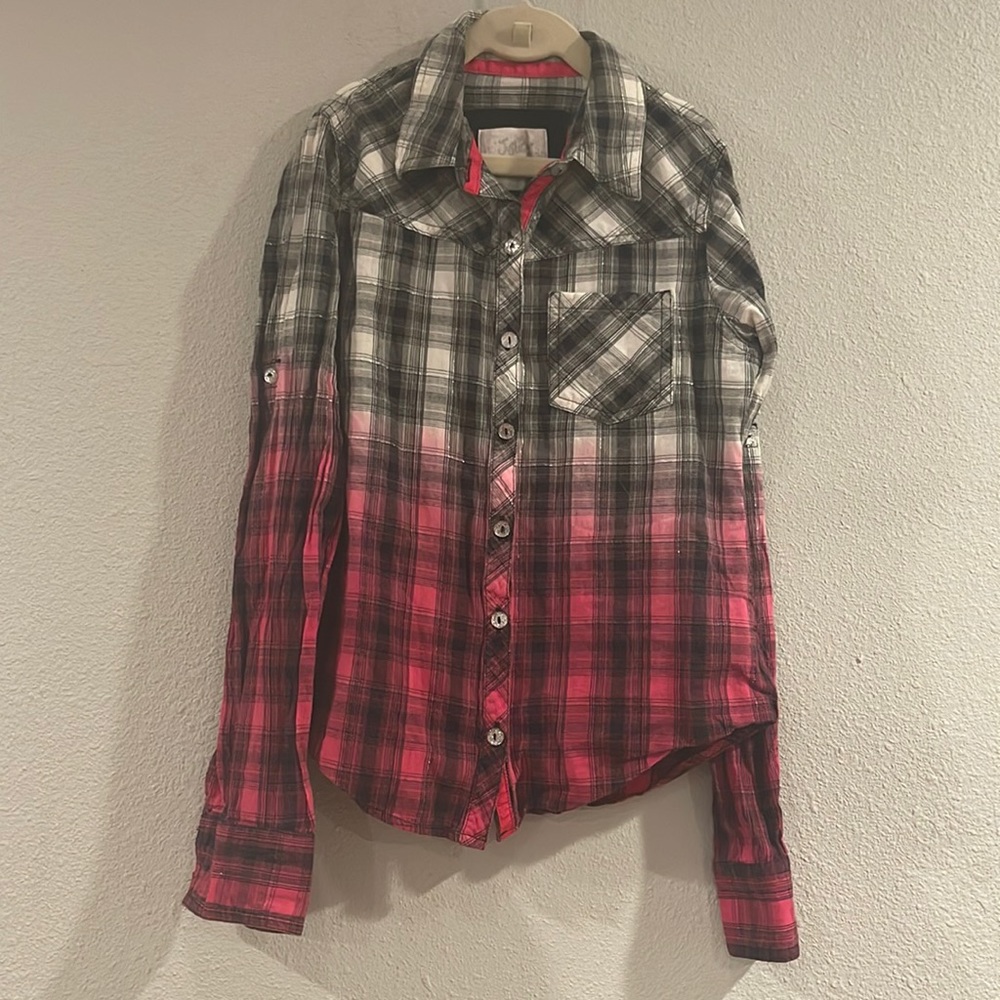 Justice long sleeve plaid ombré button down shirt, Sz 10